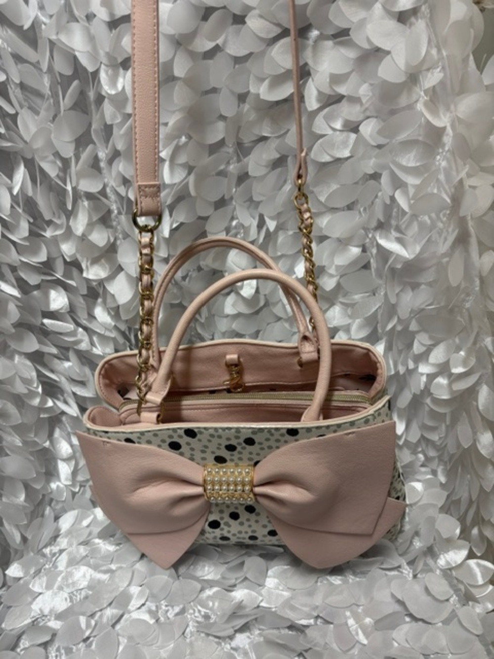 Betsey Johnson Pearl of a Girl Mint Polka Dot Bow Satchel Crossbody Bag